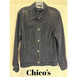 Chico’s Studded Black Denim Jacket | Gold Embellished Jean Jacket | Size 2